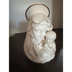 Vintage Velco Japan 3356 Virgin Mary Madonna Child Ceramic Planter Gold Trim 7in